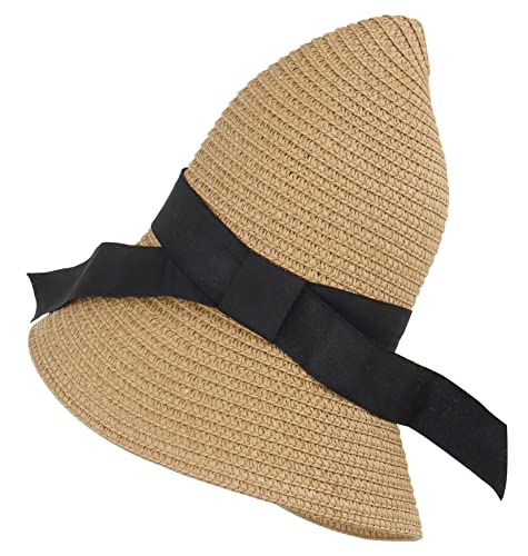Girls Wide-Brim Straw Sun-Hat for Summer Beach with Bow, Khaki, 5-9 Years