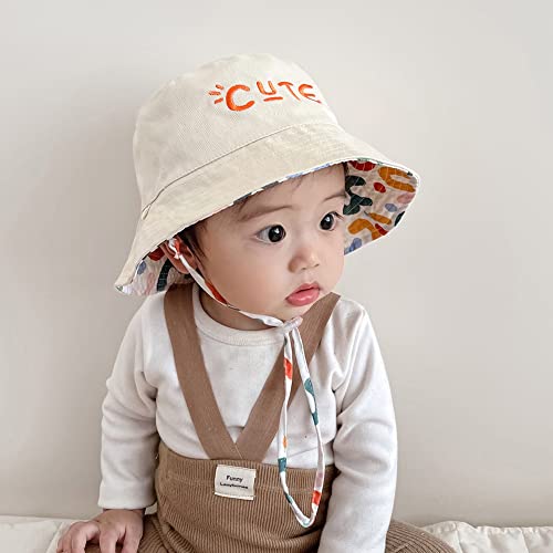 XYIYI Baby Kids Sun Hat Cute Beige Infant Toddler Bucket Hats Wide Brim Beach Fisherman Hats for 6-12 Months Boys Girls, Reversible Double-Side-Wear