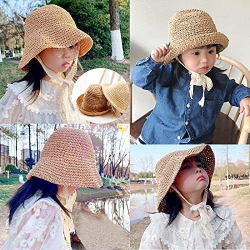 IBLUELOVER Girls Straw Hat Foldable Sun Hat Summer Baby Kids Roll up Panama Hat Outdoor UV Protection Beach Hat with Lovely Lace Chin Strap for Toddler Kids 2-7 Years Beige