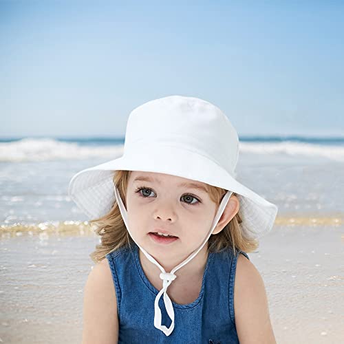 PythJooh Baby Sun Hat Toddler Girl Boy Summer Outdoor UPF 50+ Bucket Sun Hat Beach Pool Wide Brim Adjustable Strap Hats for 0-6Years White