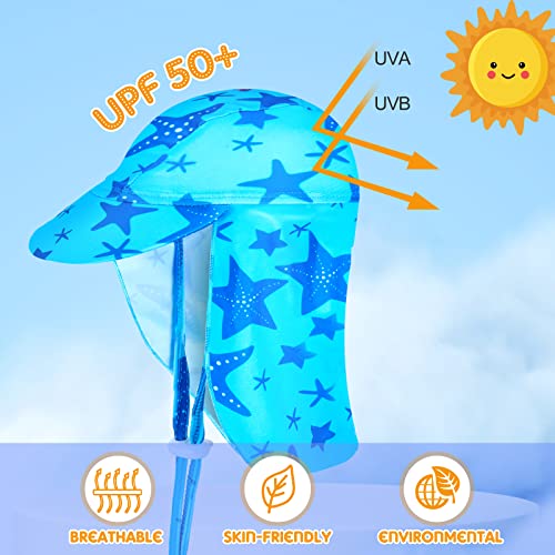 SATINIOR 2 Pcs Baby Toddler Sun Hat UPF 50+ Summer Swim Cap with Chin Straps Flap Neck UV Sun Protection Hats Breathable Adjustable Flap Cap Soft Beach Hat for 1-10 Years Kids (Starfish, Dinosaur)