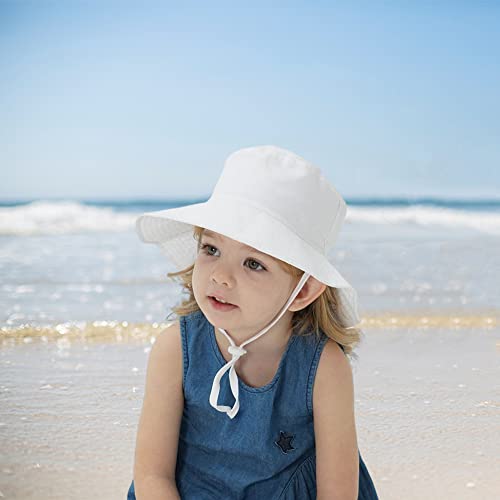 PythJooh Baby Sun Hat Toddler Girl Boy Summer Outdoor UPF 50+ Bucket Sun Hat Beach Pool Wide Brim Adjustable Strap Hats for 0-6Years White