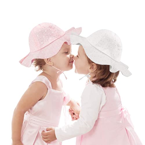 2 Pack Baby Sun Hats, Wide Brim Baby Girls Toddler Sun Hat with UV Protection, Cotton Beach Hat Summer Cap with Chin Strap for Infant Kids Toddler Pink, White