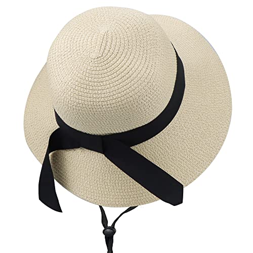 Girls Wide-Brim Straw Sun-Hat for Summer Beach with Bow, Little-girl Beige, 5-9 Years