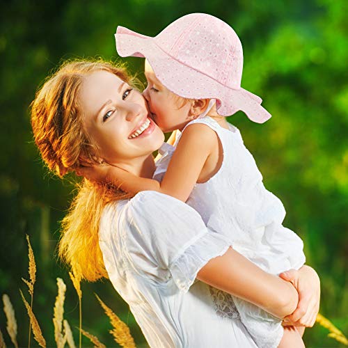 2 Pack Baby Sun Hats, Wide Brim Baby Girls Toddler Sun Hat with UV Protection, Cotton Beach Hat Summer Cap with Chin Strap for Infant Kids Toddler Pink, White