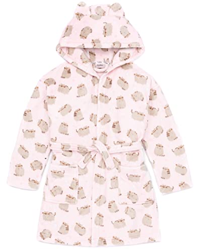Pusheen Dressing Gown For Girls | Kids Teens Pink OR Brown Options Cat Robe | Adjustable Belt with Pockets and Fleece Hood 13-14 Years