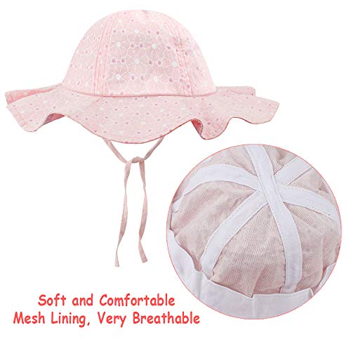 2 Pack Baby Sun Hats, Wide Brim Baby Girls Toddler Sun Hat with UV Protection, Cotton Beach Hat Summer Cap with Chin Strap for Infant Kids Toddler Pink, White