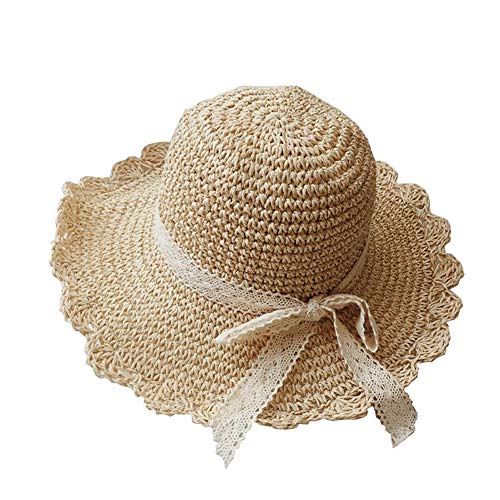 HugeDE Kids Floppy Straw Hat Packable Sun Hat Visor Foldable Summer Beach Hat with Lace Bow for Toddlers Girls Beige