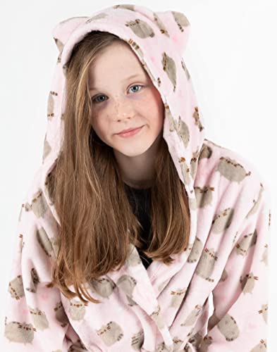 Pusheen Dressing Gown For Girls | Kids Teens Pink OR Brown Options Cat Robe | Adjustable Belt with Pockets and Fleece Hood 13-14 Years
