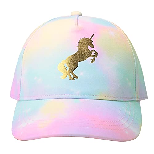 accsa Girls Baseball Cap with Unicorn Pattern Adjustable Sun Hat Tie-Dye Unicorn Hat Sports Outdoor Hat Kids Rainbow Snapback Cap