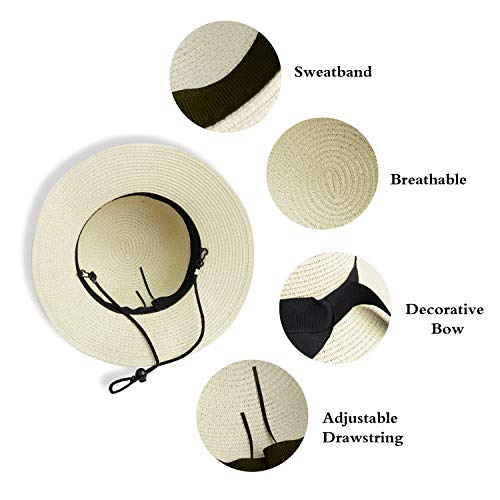 Girls Wide-Brim Straw Sun-Hat for Summer Beach with Bow, Little-girl Beige, 5-9 Years