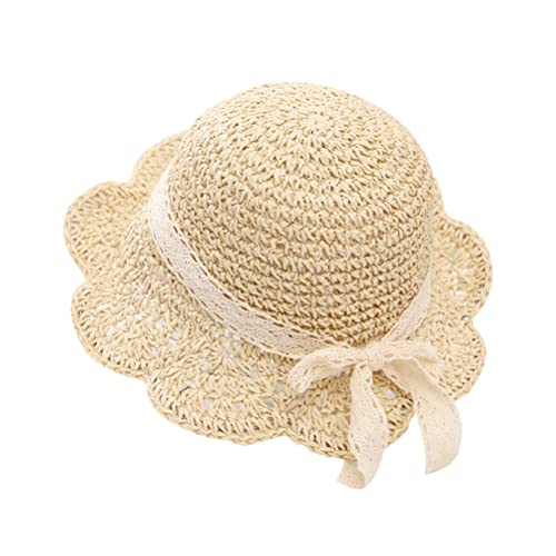 Uniyoung Baby Girls Summer Straw Hat Toddler Kids Lace Bowknot Sun Protection Hats Wide Brim Foldable Beach Hat for Holiday Travel Outdoor (Beige)