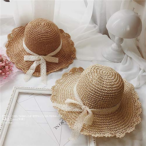 HugeDE Kids Floppy Straw Hat Packable Sun Hat Visor Foldable Summer Beach Hat with Lace Bow for Toddlers Girls Beige