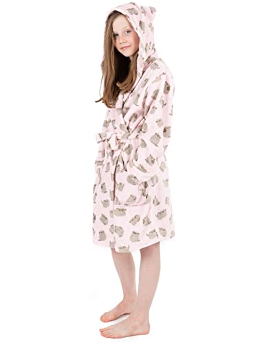 Pusheen Dressing Gown For Girls | Kids Teens Pink OR Brown Options Cat Robe | Adjustable Belt with Pockets and Fleece Hood 13-14 Years