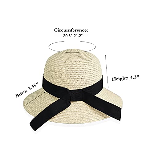 Girls Wide-Brim Straw Sun-Hat for Summer Beach with Bow, Little-girl Beige, 5-9 Years