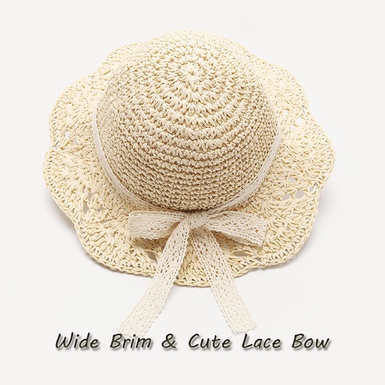 Uniyoung Baby Girls Summer Straw Hat Toddler Kids Lace Bowknot Sun Protection Hats Wide Brim Foldable Beach Hat for Holiday Travel Outdoor (Beige)