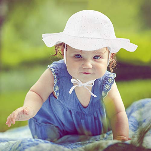 2 Pack Baby Sun Hats, Wide Brim Baby Girls Toddler Sun Hat with UV Protection, Cotton Beach Hat Summer Cap with Chin Strap for Infant Kids Toddler Pink, White