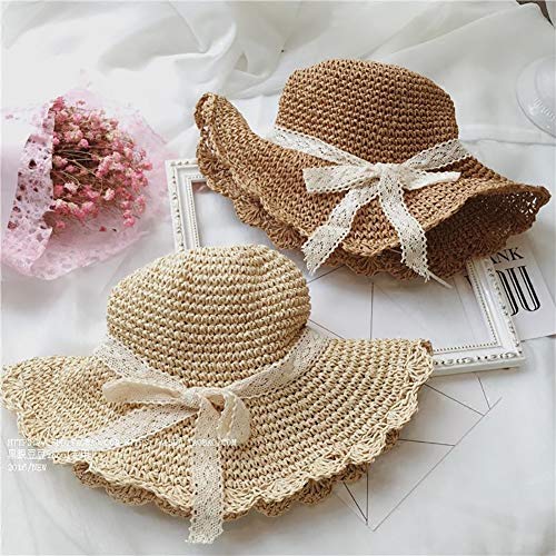 HugeDE Kids Floppy Straw Hat Packable Sun Hat Visor Foldable Summer Beach Hat with Lace Bow for Toddlers Girls Beige