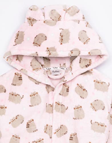 Pusheen Dressing Gown For Girls | Kids Teens Pink OR Brown Options Cat Robe | Adjustable Belt with Pockets and Fleece Hood 13-14 Years