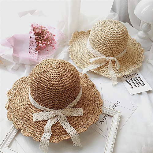 HugeDE Kids Floppy Straw Hat Packable Sun Hat Visor Foldable Summer Beach Hat with Lace Bow for Toddlers Girls Beige