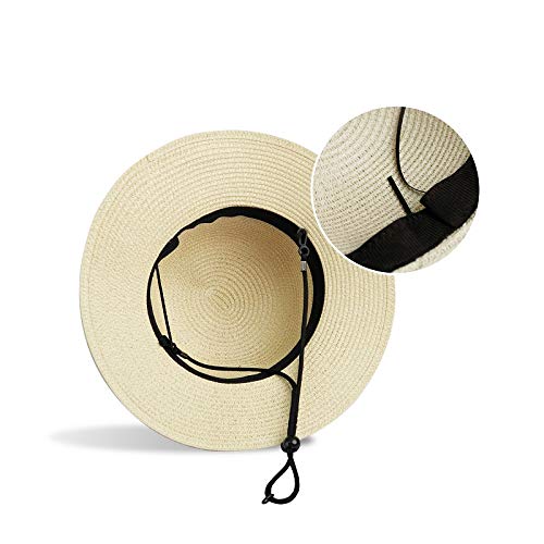 Girls Wide-Brim Straw Sun-Hat for Summer Beach with Bow, Little-girl Beige, 5-9 Years