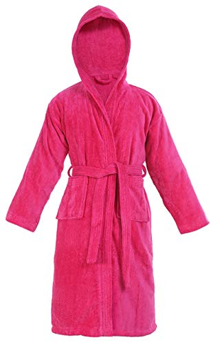 Sapphire Collection Kids 100% Cotton Bathrobe Hooded Terry Towelling Shawl Collar Bath Robe Bath Robe Dressing Gown 7 Colours Age 8-14 (Age 12-14, Fuchsia)