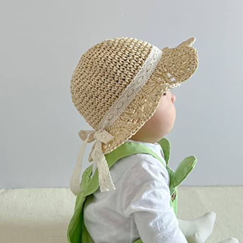 Uniyoung Baby Girls Summer Straw Hat Toddler Kids Lace Bowknot Sun Protection Hats Wide Brim Foldable Beach Hat for Holiday Travel Outdoor (Beige)