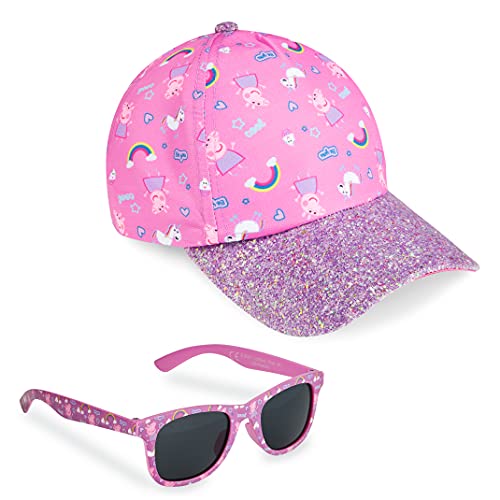 Peppa Pig Girls Summer Hat & Kids Sunglasses, Rainbow Unicorn Pink Baseball Cap & Sunglasses