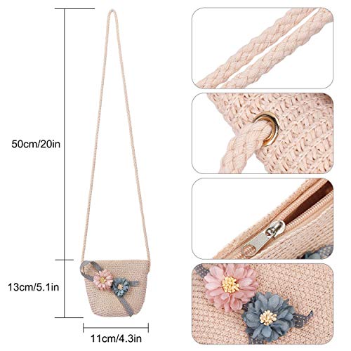 FT-SHOP Girls Sun Hat Summer Beach Straw Hats and Mini Cute Purse Sets with Flowers Decoation for Holiday Outdoor Activities