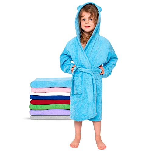 Twinzen - Bathrobe Kids for Boys & Girls - 100% Cotton Oeko-TEX® - Belt, 2 Pockets, Hood with Ears, Pastel Blue, 5-6 Years