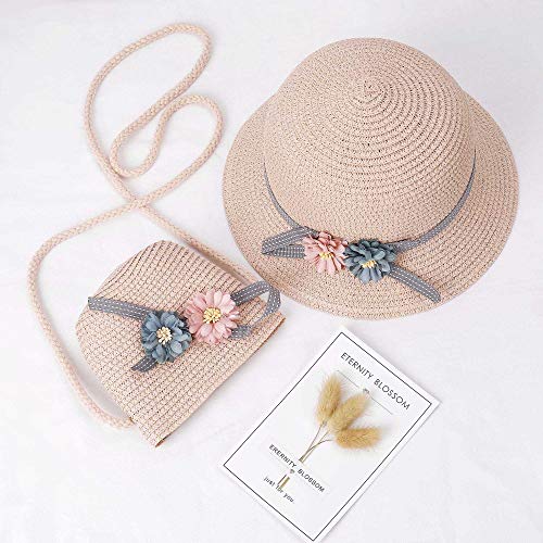 FT-SHOP Girls Sun Hat Summer Beach Straw Hats and Mini Cute Purse Sets with Flowers Decoation for Holiday Outdoor Activities