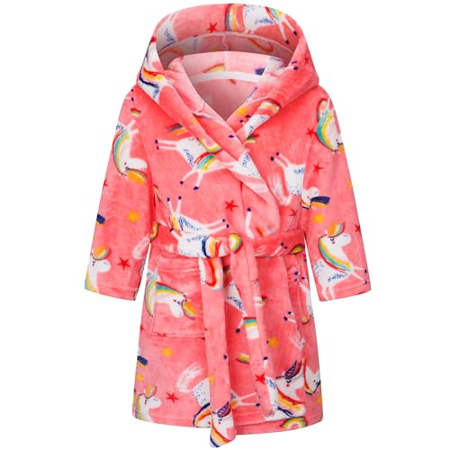 FILOWA Dressing Gown Girls Kids Bathrobe Fluffy Hooded Robe Flannel Sleepwear Fleece Supersoft Warm Pajamas Cartoon Shower Robe Nightgown Housecoat for Toddler Children 5-6 Years, Pink
