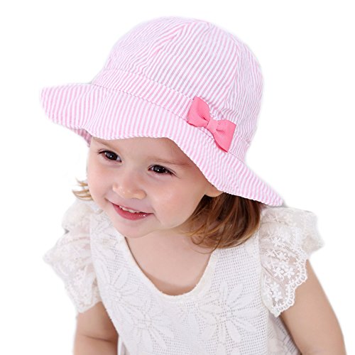 Girls Summer Sun Hat, Foldable Bucket Hat Soft Cotton Beach Hats Wide Brim Fisherman's Hat, Pink, 52CM