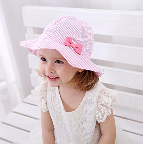 Girls Summer Sun Hat, Foldable Bucket Hat Soft Cotton Beach Hats Wide Brim Fisherman's Hat, Pink, 52CM