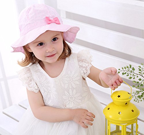 Girls Summer Sun Hat, Foldable Bucket Hat Soft Cotton Beach Hats Wide Brim Fisherman's Hat, Pink, 52CM