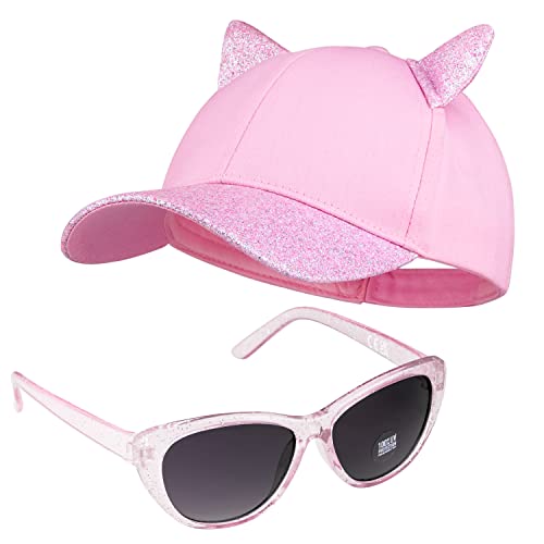 CityComfort Baseball Cap and Kids Sunglasses Set for Girls Glitter Sun Hat and UV Protection Girls Sunglasses Summer Accessories (Pink)