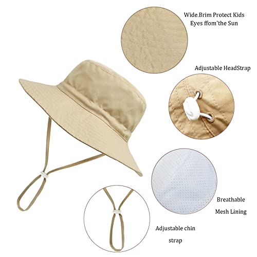 YANWANG Baby Kids Adjustable Bucket Sun Hat, UPF 50+ Sun Protection Beach Cap for Toddler Boys Girls(Khaki,3-8years)