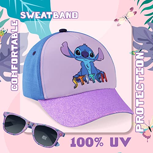 Disney Stitch Baseball Cap and Kids Sunglasses for Girls 100% UV Protection Summer Accessories Set One Size Adjustable Hat Frozen The Little Mermaid Stitch Gifts for Girls (Purple Stitch)