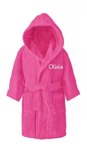 Home N Living Personalised Boys & Girls 100% Cotton Hooded Bathrobe Towelling Bath Robe Childrens Kids 4-12 Years (Fuchsia, 12-14 Years)