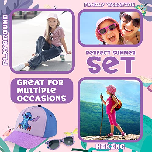 Disney Stitch Baseball Cap and Kids Sunglasses for Girls 100% UV Protection Summer Accessories Set One Size Adjustable Hat Frozen The Little Mermaid Stitch Gifts for Girls (Purple Stitch)