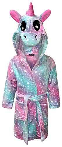 Live It Style It Kids Dressing Gown Childrens Soft Hooded Bathrobe for Boys Unicorn Gifts for Girls (4-5 Years, Unicorn - Pink Green Stars)