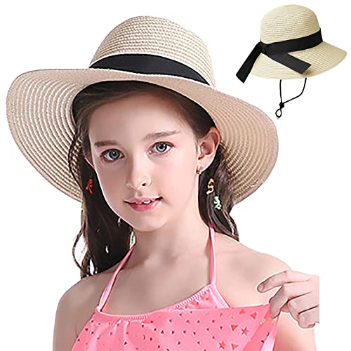 Girls Floppy Straw Hat Sun Hat for Teens Summer Wide-Brim Beach-Cap UPF50+ (20.47" for 2-5T,21.26" for 5-9T), Little-girls Beige, 5-10 Years