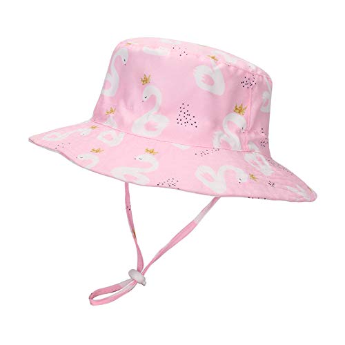 LACOFIA Baby Sun Hat Toddler Boys Girls Summer Bucket Hat Kids Wide Brim Beach Cap with Adjustable Chin Strap Pink Swan 4-6 Years