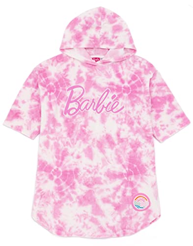Barbie Girls Towel Poncho | Pink Tie Dye Wearable Bath Towel For Kids | Classic Logo Graphic Hooded Changing Robe | Short Sleeve Cosy Swimwear Beach Cover Up Merchandise Gift for Children