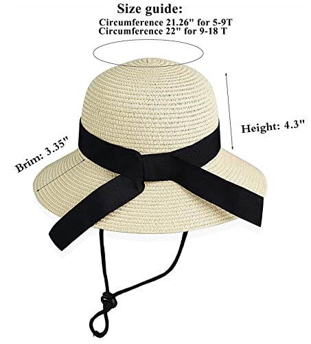 Girls Floppy Straw Hat Sun Hat for Teens Summer Wide-Brim Beach-Cap UPF50+ (20.47" for 2-5T,21.26" for 5-9T), Little-girls Beige, 5-10 Years