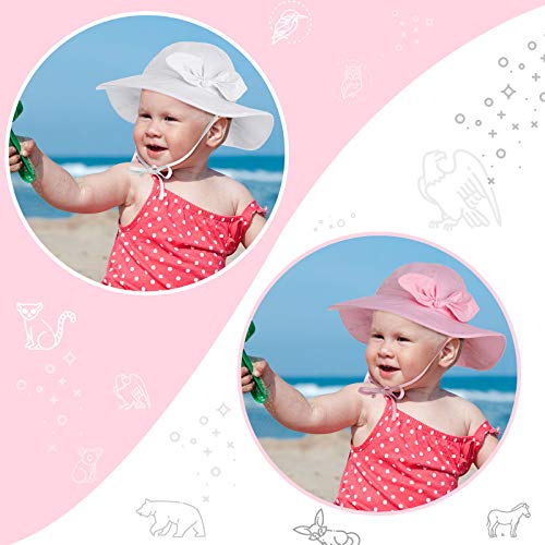 2 Pieces Baby Girls Sun Hat Adjustable Sun Protection Summer Beach Wide Brim Hat (White and Pink,0-12 Months)