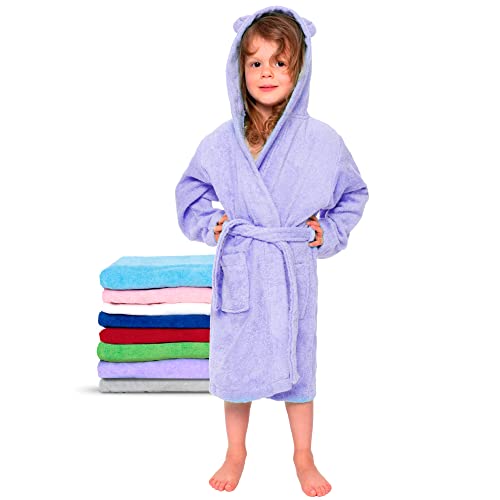 Twinzen Bathrobe Kids Dressing Gown Boys & Girls OEKO-TEX® - Belt, 2 Pockets, Hood with Ears Lila 5-6 Years