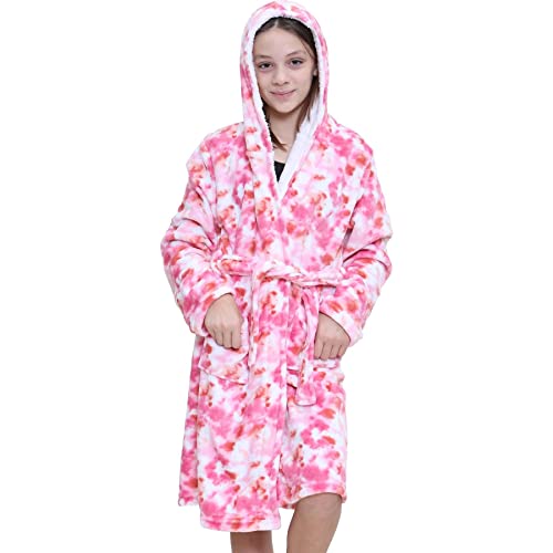 A2Z 4 Kids Girls Fleece Tie Dye Pink Printed Luxury Sherpa Hooded - Bathrobe 956 T.D Pink._9-10