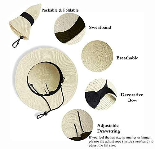 Girls Floppy Straw Hat Sun Hat for Teens Summer Wide-Brim Beach-Cap UPF50+ (20.47" for 2-5T,21.26" for 5-9T), Little-girls Beige, 5-10 Years