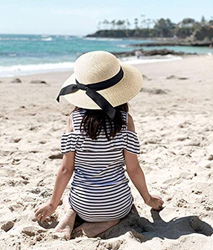 Girls Floppy Straw Hat Sun Hat for Teens Summer Wide-Brim Beach-Cap UPF50+ (20.47" for 2-5T,21.26" for 5-9T), Little-girls Beige, 5-10 Years